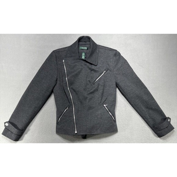 Lauren Ralph Lauren Jacket Womens Small Gray Herringbone Moto Biker Wool Blend - Picture 1 of 14